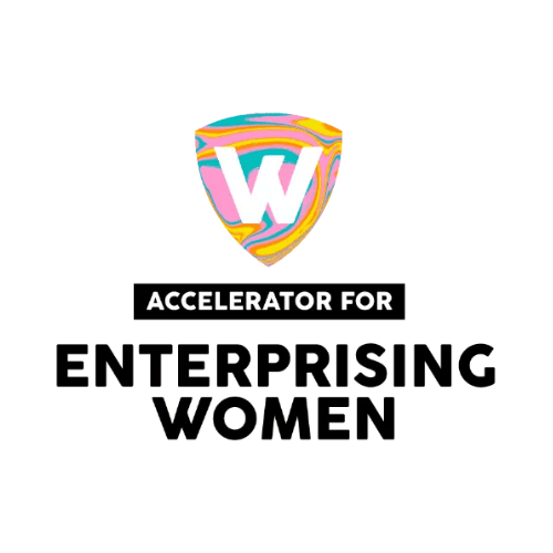 Accelerator for Enterprising Women logo: abstract shield with colourful swirls and letter W, text "Accelerator for Enterprising Women"